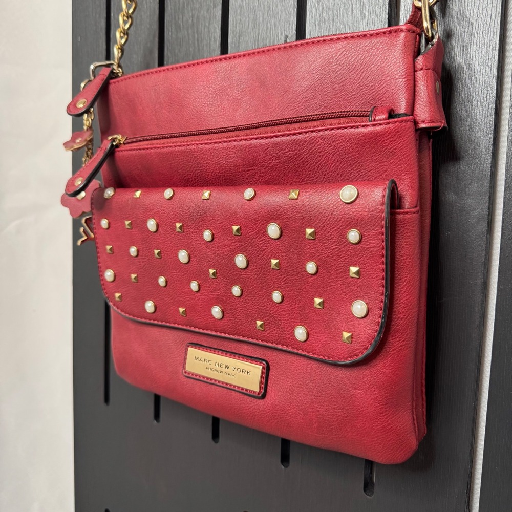 MARC NEW YORK ANDREW MARC Red Faux Leather Crossbody Bag Studded